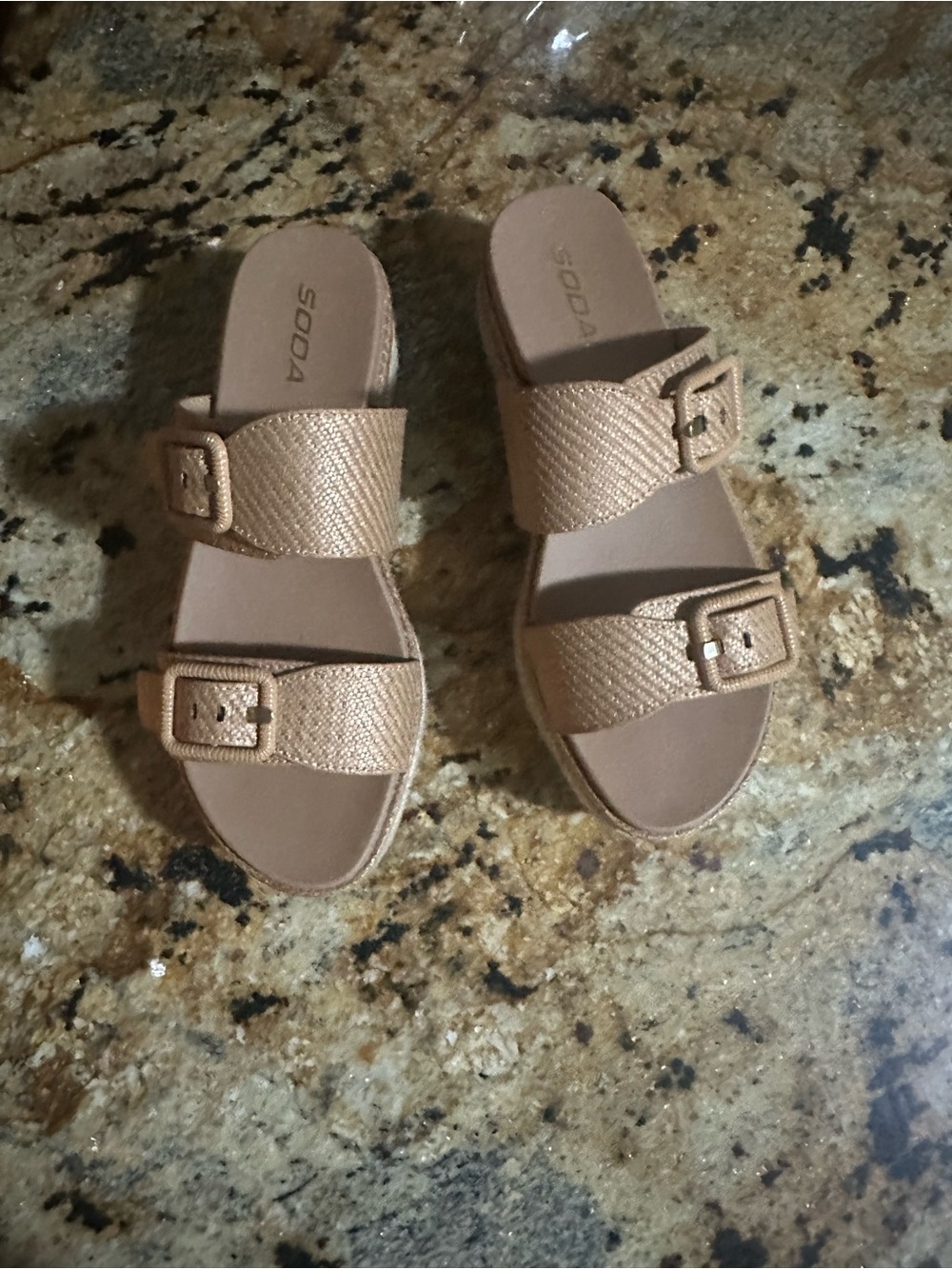 Soda Tan Woven Double-Buckle Slide Mules